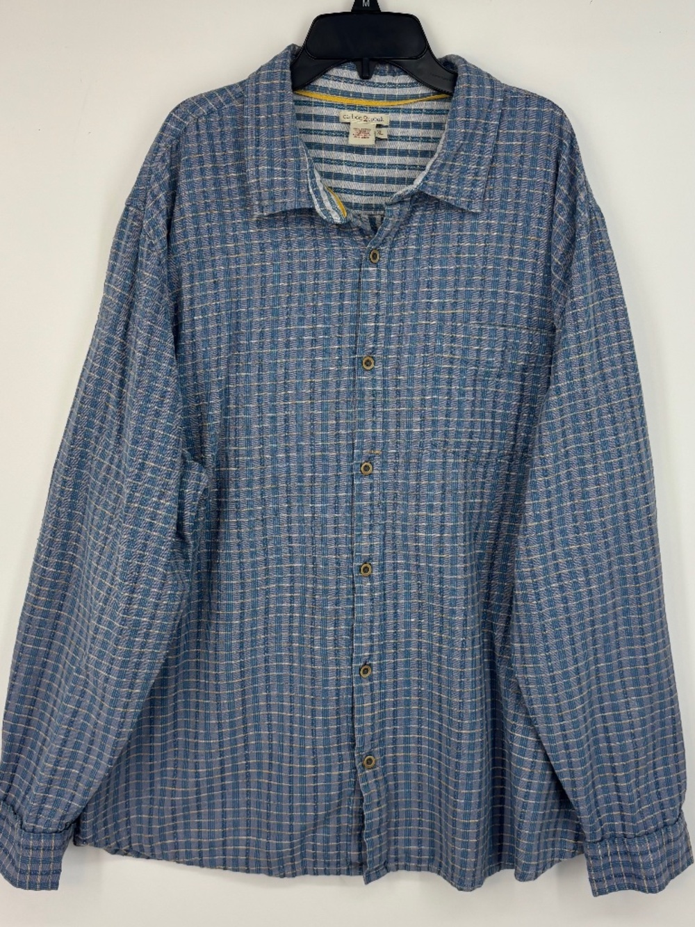 Carbon 2 Cobalt Mens XL Button Up Shirt 100% Cotton Textured Check Blue Yellow